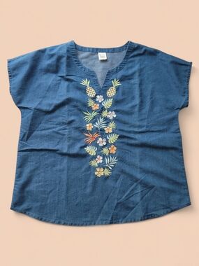 Blair Women Large Chambray Embroidered Floral Tunic Popover Top Shirt Blouse